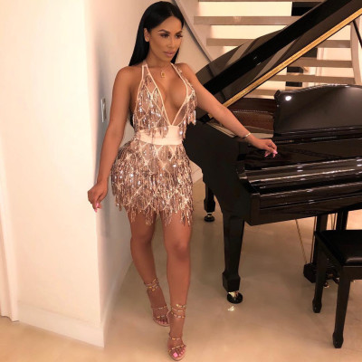 Sexy Backless Golden Sequin Christmas Party Dress MS-A182-1