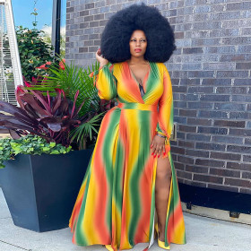 Rainbow sexy V-neck plus size dress with big swing skirt YFS1258