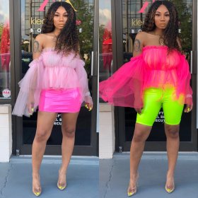 Fashion Plain Color Mesh Off Shoulder Pleated Top ZS0216