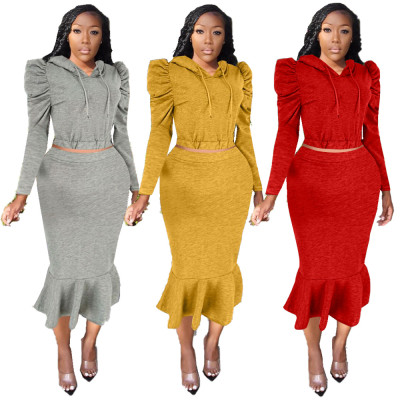 Pure Color Velvet Bodycon Suits Puff Sleeve Hoodie Fishtail Skirt MN8075