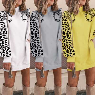 High Neck Leopard Pattern Printed Side Long SLeeve Hoodies K8869