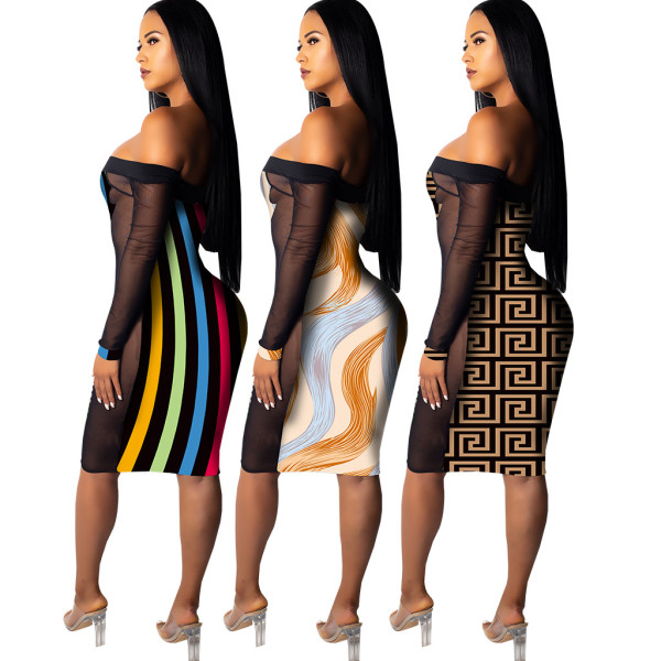 Stylish Mesh Patchwork Printing Bodycon Dress QQM3552