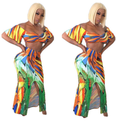 Printing Skirt Sets Off Shoulder Crop Top Bodycon Split Dress TY1136