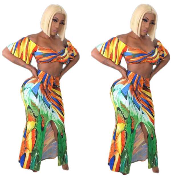 Printing Skirt Sets Off Shoulder Crop Top Bodycon Split Dress TY1136