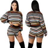 Vintage Stripe 2 Pieces Outfits Blouse Hoodie Bodycon Shorts LA3047