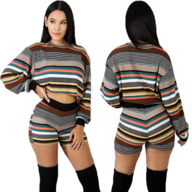 Vintage Stripe 2 Pieces Outfits Blouse Hoodie Bodycon Shorts LA3047