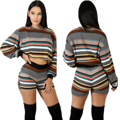Vintage Stripe 2 Pieces Outfits Blouse Hoodie Bodycon Shorts LA3047