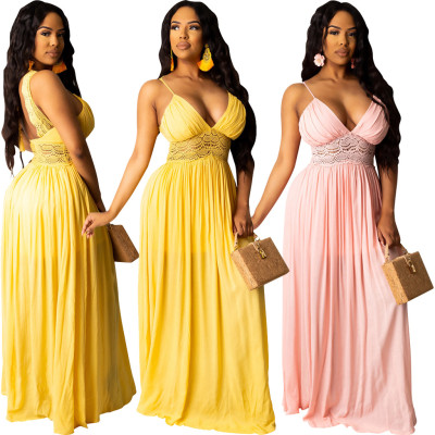 Solid color lace stitching dress R6263