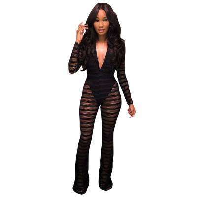 Sexy Deep V Neck Mesh Black Jumpsuits LM936