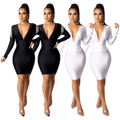 Casual fashion solid color deep V-neck tassel long sleeve dress SD9196