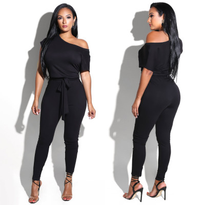 Hot Black Tight Garments Oblique Shoulder Bodycon Jumpsuit FZB8273