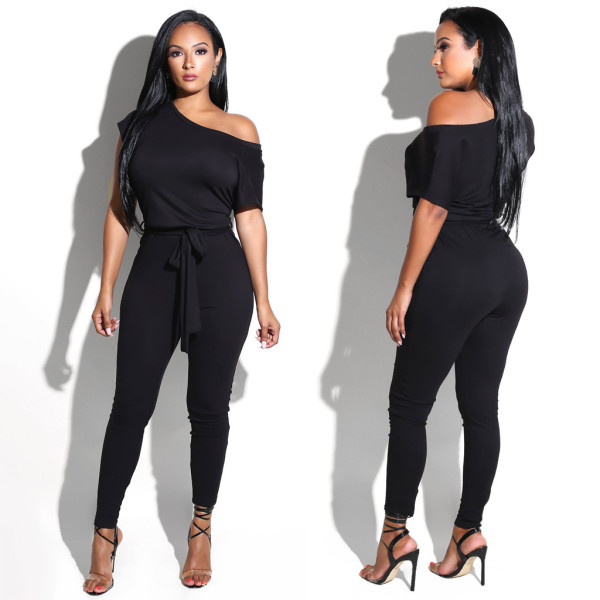 Hot Black Tight Garments Oblique Shoulder Bodycon Jumpsuit FZB8273