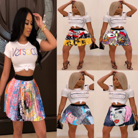 Cheap Women Printing Casual Pleated Short Skirts KZ022