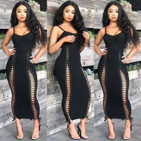 Sexy Black Bandage Strapy Long Dress KF80