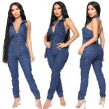 Casual Bodycon Jeans Elastic Waist Backless Jumpsuit JLX8695