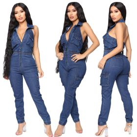 Casual Bodycon Jeans Elastic Waist Backless Jumpsuit JLX8695