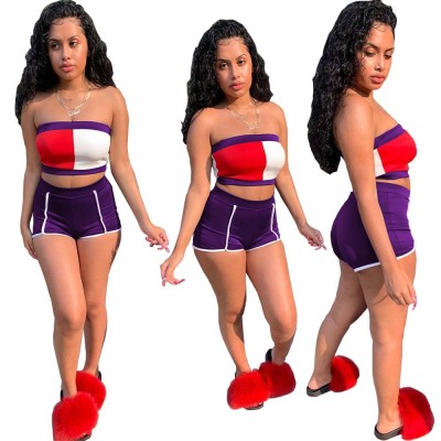 Summer Multicolor Stitching Strapless Mini Top And Shorts Two Piece Suit L0312