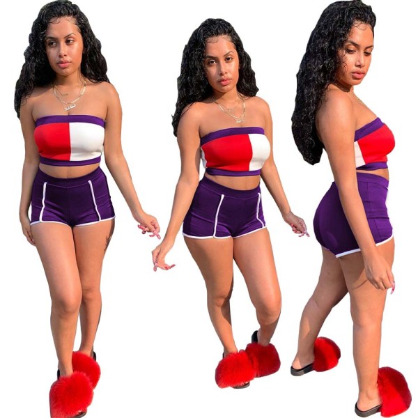 Summer Multicolor Stitching Strapless Mini Top And Shorts Two Piece Suit L0312