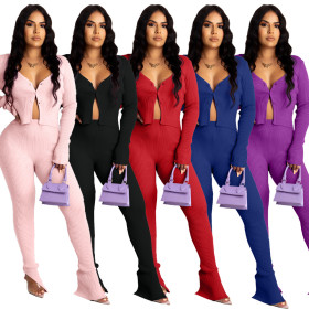 Sexy Solid Color Knitting V-Neck Long Sleeves Mini Cardiagn With Split Trousers Two Piece Set LML175