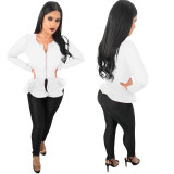 White Reffule Zipper Long Sleeves Shirts LS6197