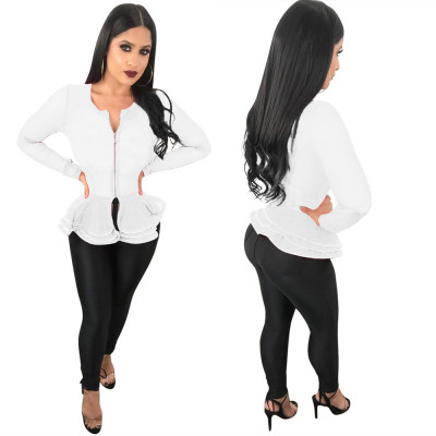 White Reffule Zipper Long Sleeves Shirts LS6197