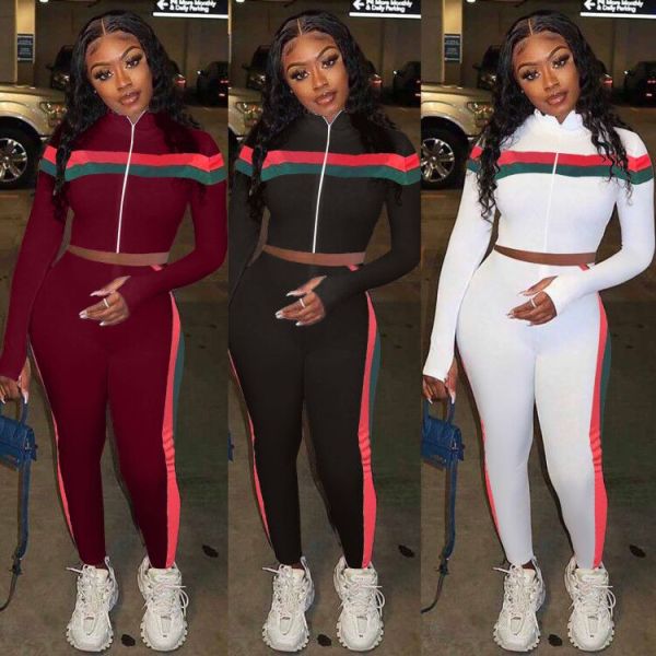 Fashion Contrast Stitching Zipper Long Sleeves Mini Top With Trousers Two Piece Set LSN775