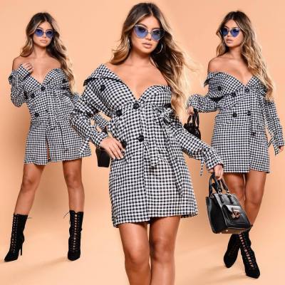 Classic Women Bodycon Checks Long Coat D8054