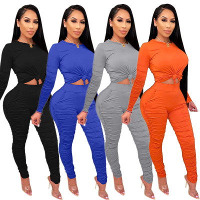Round neck blouse, sleeves, pants, double pleated casual Womens two-piece suit HH8944