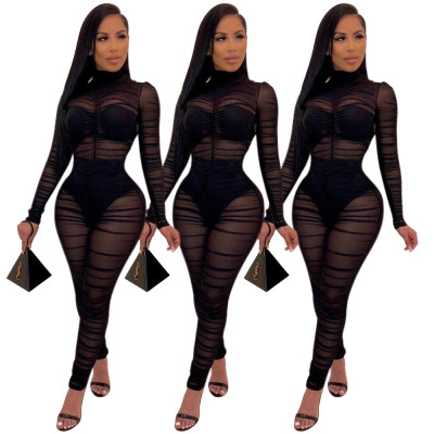 Sexy Bodycon Perspective Black Pleated Jumpsuit MA6158