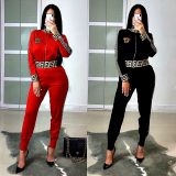 Red/Black Printing Splicing Streetwear Zipper Coat Skinny Pants MDF5115