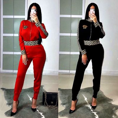 Red/Black Printing Splicing Streetwear Zipper Coat Skinny Pants MDF5115