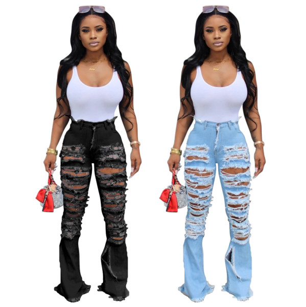 Fashion wild personality broken hole washed high waist stretch flared pants new HSF2254