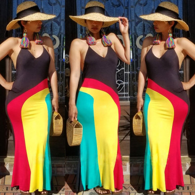 Holiday Women Color Block Backless Long Dress AL034