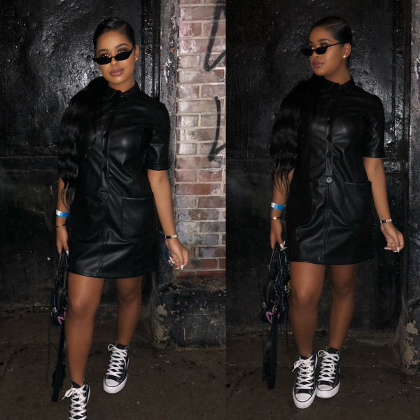 Black PU Leather Midi Dress ALS044