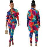 Multicolor Printing Female Outfits Cardigan Shirt Pencil Pants YZ1940