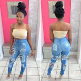 Fashion burning high waist all-match denim pants D8358