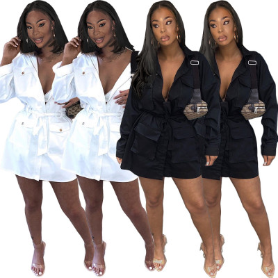 Wholesale White/Black V Collar Tied Coat Long Sleeved Dress GL6213