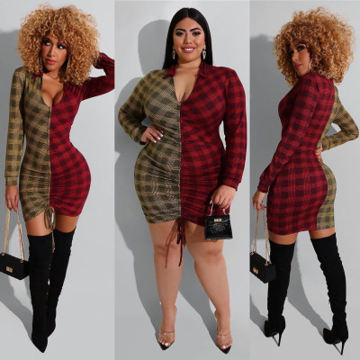 Newest Lady Contrast Color Stretchable V Neck Checks Dress TY1168