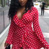 Fashion Red Polka Dot V Collar Pleated Dress MA6082
