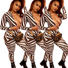 Stylish Female Thin Zebra Printing Mid Waist Slim Jumpsuit YX9059