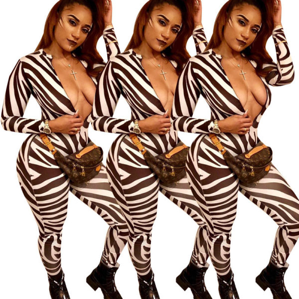 Stylish Female Thin Zebra Printing Mid Waist Slim Jumpsuit YX9059