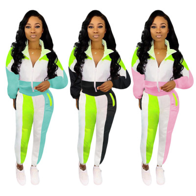 Turn Down Collar Coat Sport Pants Color Block Female Sets SN3717