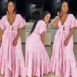 Ruffle Loose Fitting Pink/Blue V Neck Long Dress LD8347