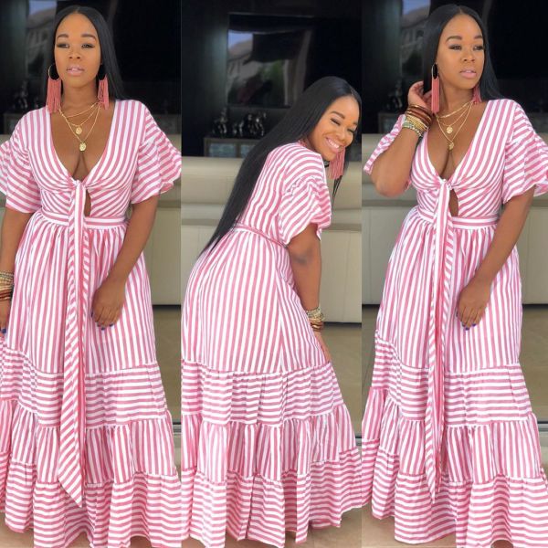 Ruffle Loose Fitting Pink/Blue V Neck Long Dress LD8347
