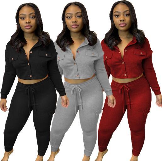 Casual Solid Color Button V-Neck Long Sleeves Mini Top With Trousers Two Piece Set CY8028
