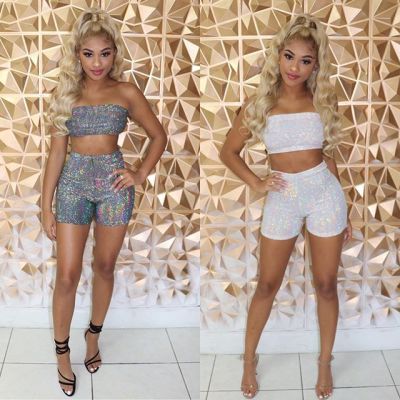 Online Sale Sequins Bodycon Shorts Suits For Women LD8346