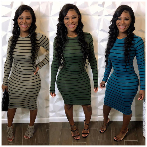 Women's Wear Striped Round Collar Midi Dress For Daily Wear TZ10860