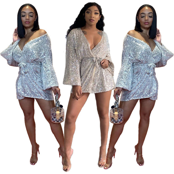 Glitter Sequin V Collar Women Party Sexy Flare Sleeve Mini Dress FH054