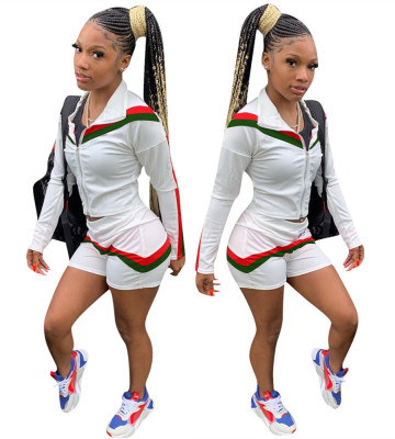 Striped Patchwork Hot Sell Tracksuits Zipper Coat Ladies Shorts H1257