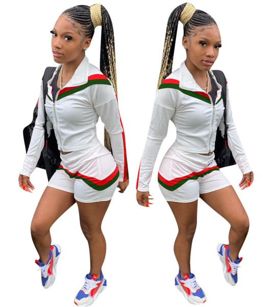 Striped Patchwork Hot Sell Tracksuits Zipper Coat Ladies Shorts H1257